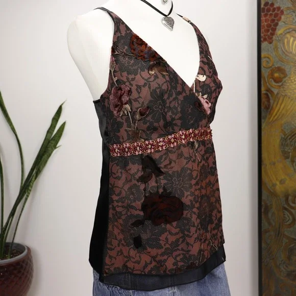Y2K Brown Lace Halter Cami Top Floral Beaded Empire Bisou Bisou - Picture 2 of 10